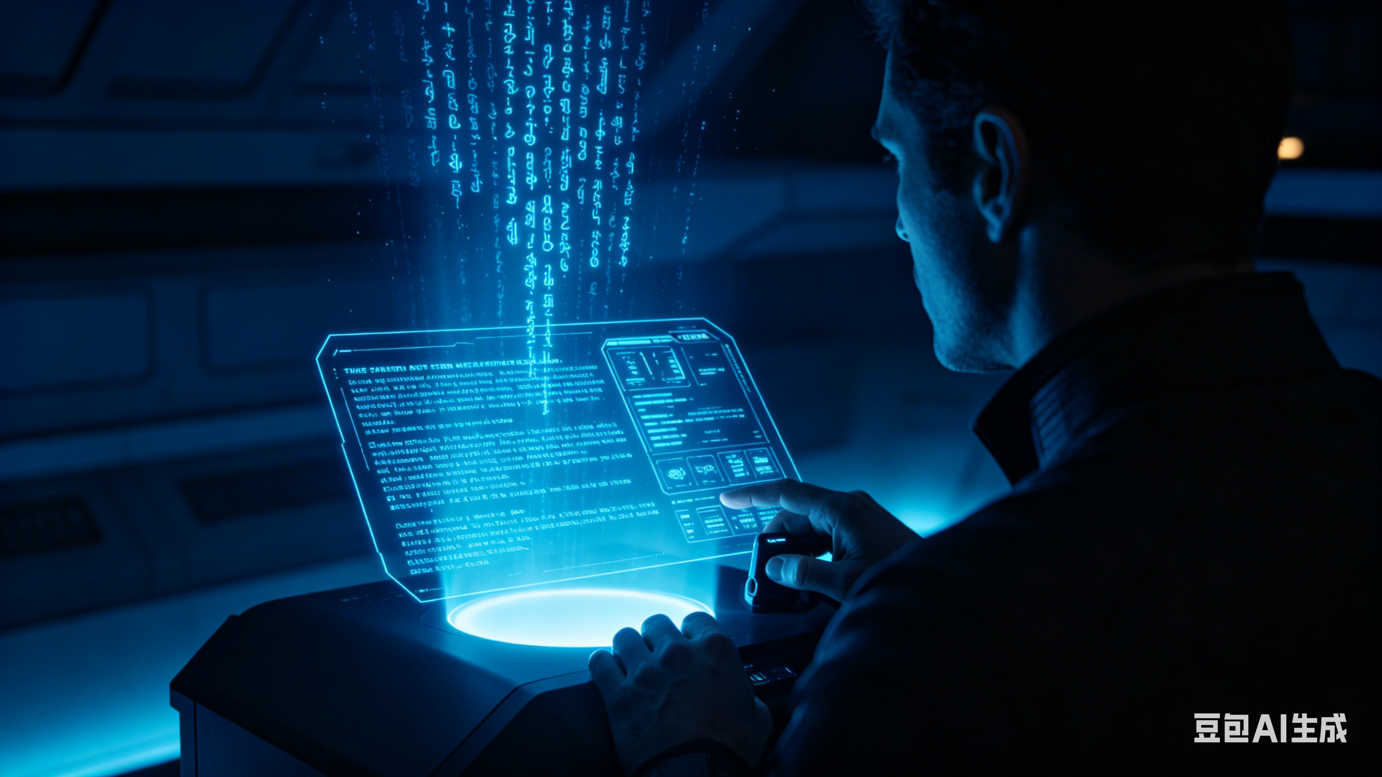 Holographic Aurebesh translation interface showing glowing Star Wars script characters